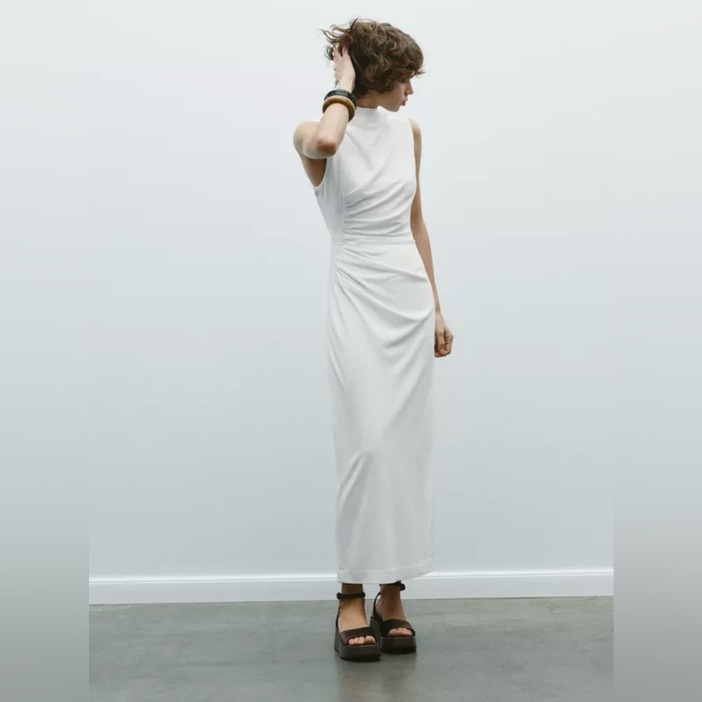 knee length dresses for ladies Women's Eulalia Collared Draped Midi Dress XS/S/M/L/XL/Customize White MEAN  BLVD main image 0